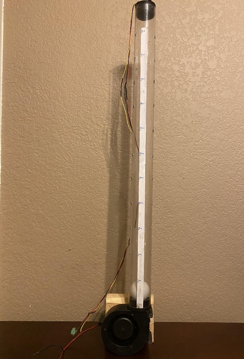 Figure 3: Fan with Polycarbonate Tubing, IR Sensor, and Ping-Pong Ball